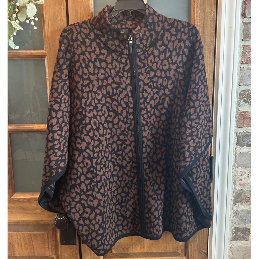 Rafaella Sweater Women Medium Brown Leopard Print Zip Mock Neck Cape Knit Poncho